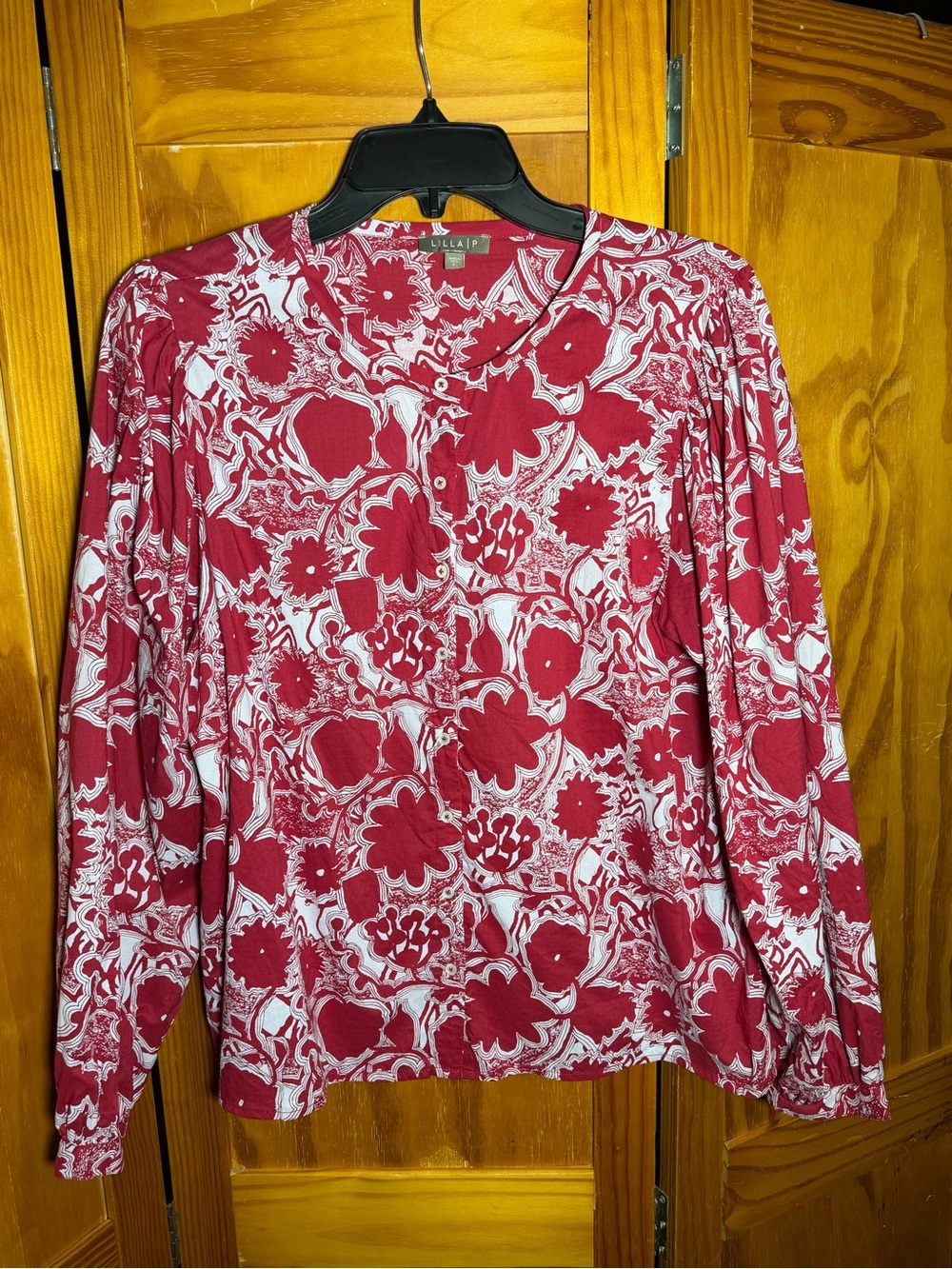Lilla P Red Floral Button-Front Women's Peasant Top| Sz L| Boho, Cottagecore